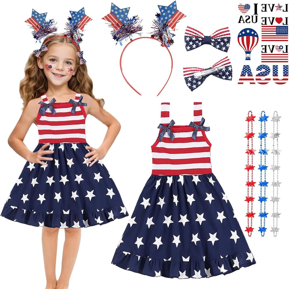 Girls 4th of July Outfit Toddler Girl American Flag Dresses Headband Hair Clips Necklaces Face Tattoos 2-8 Years