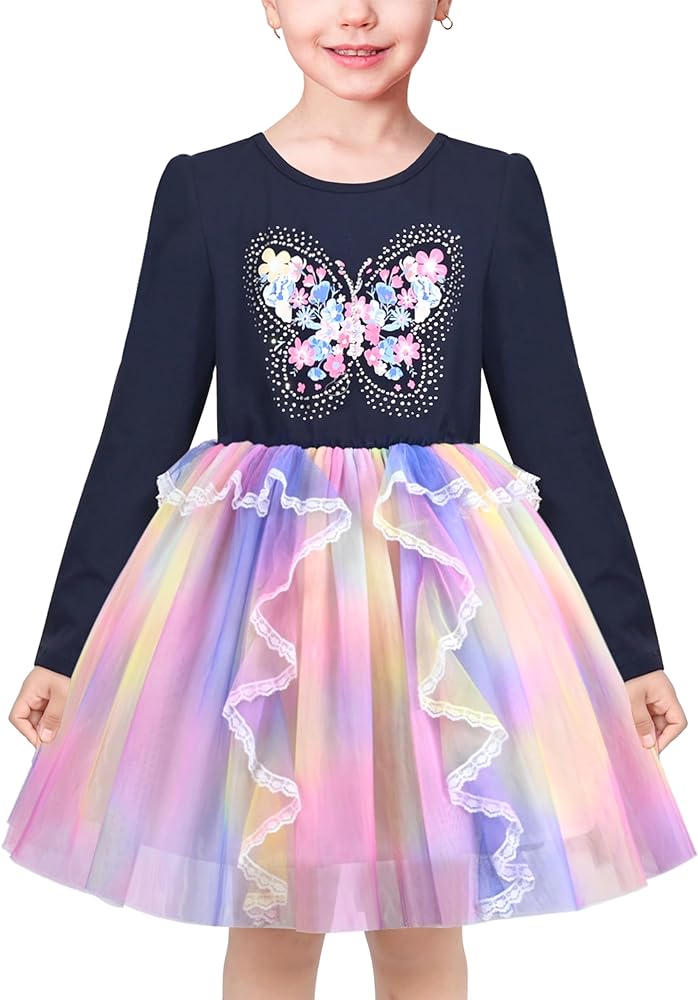 Sunny Fashion Girls Dress Beige Cream Sequin Heart Butterfly Tulle Skirt Long Sleeve