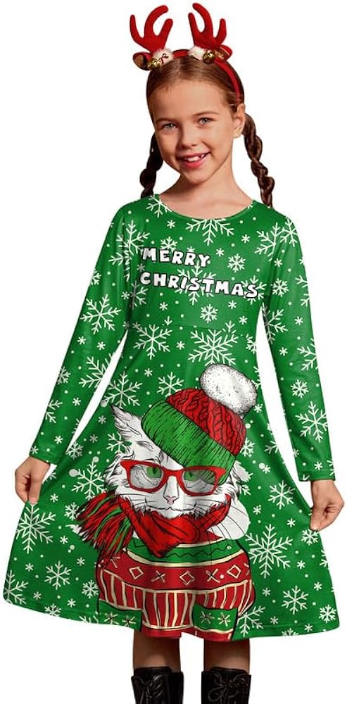 BesserBay Christmas Girls Santa Claus Long Sleeve Xmas Tree Snowman Reindeer Dress