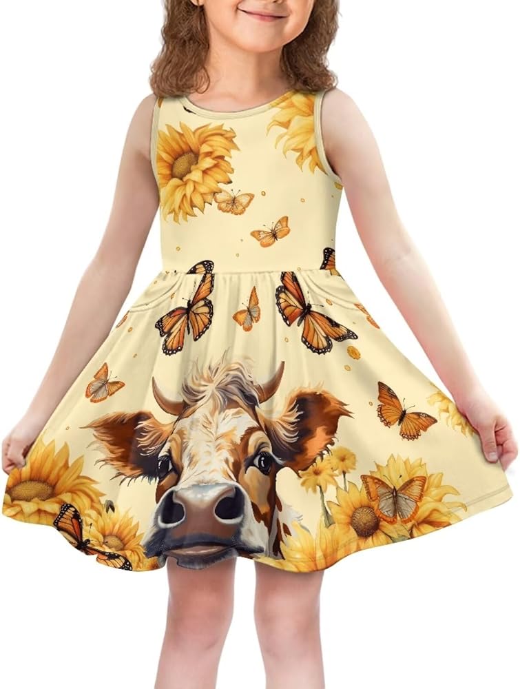 Coloranimal Girls Round Neck Casual Swing Skater Mini Dress with Pocket Sleepwear for 2-10 Year