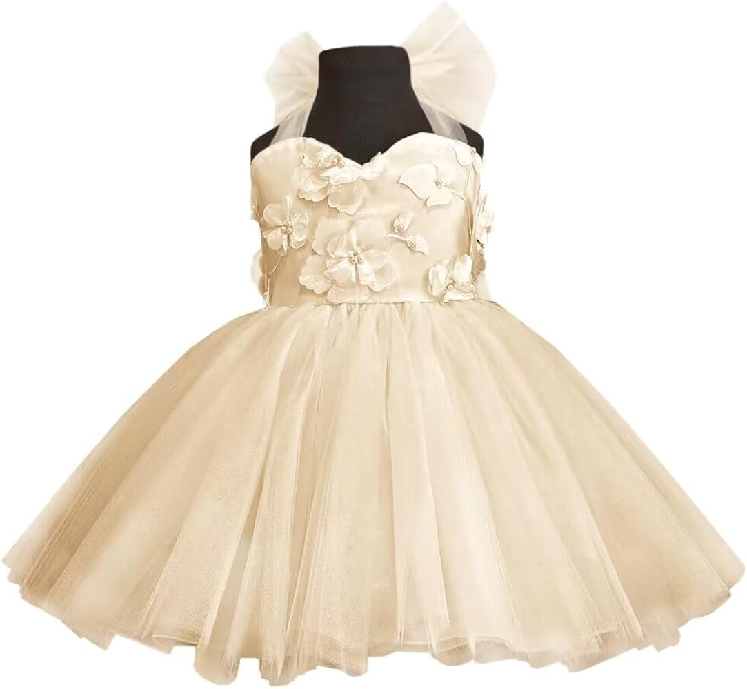 Pearls Applique Tulle Flower Girl Dresses for Wedding Kids Princess Pageant Dress Lace Bow Prom Ball Gowns Tutu Dress