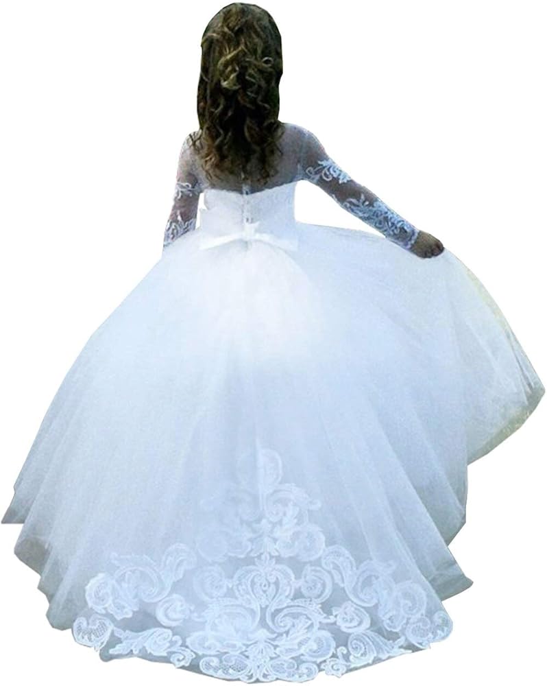 Lace Long Sleeve Flower Girl Dresses for Wedding Party Princess Gown Pageant Prom Gown with Bow