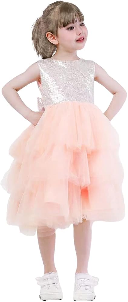 Girls Formal Dresses Wedding Party Sequins Dresses Birthday Tutu Gown Prom Special Occasion Princess Bow Dress (US, Age, 8 Years, Pink)