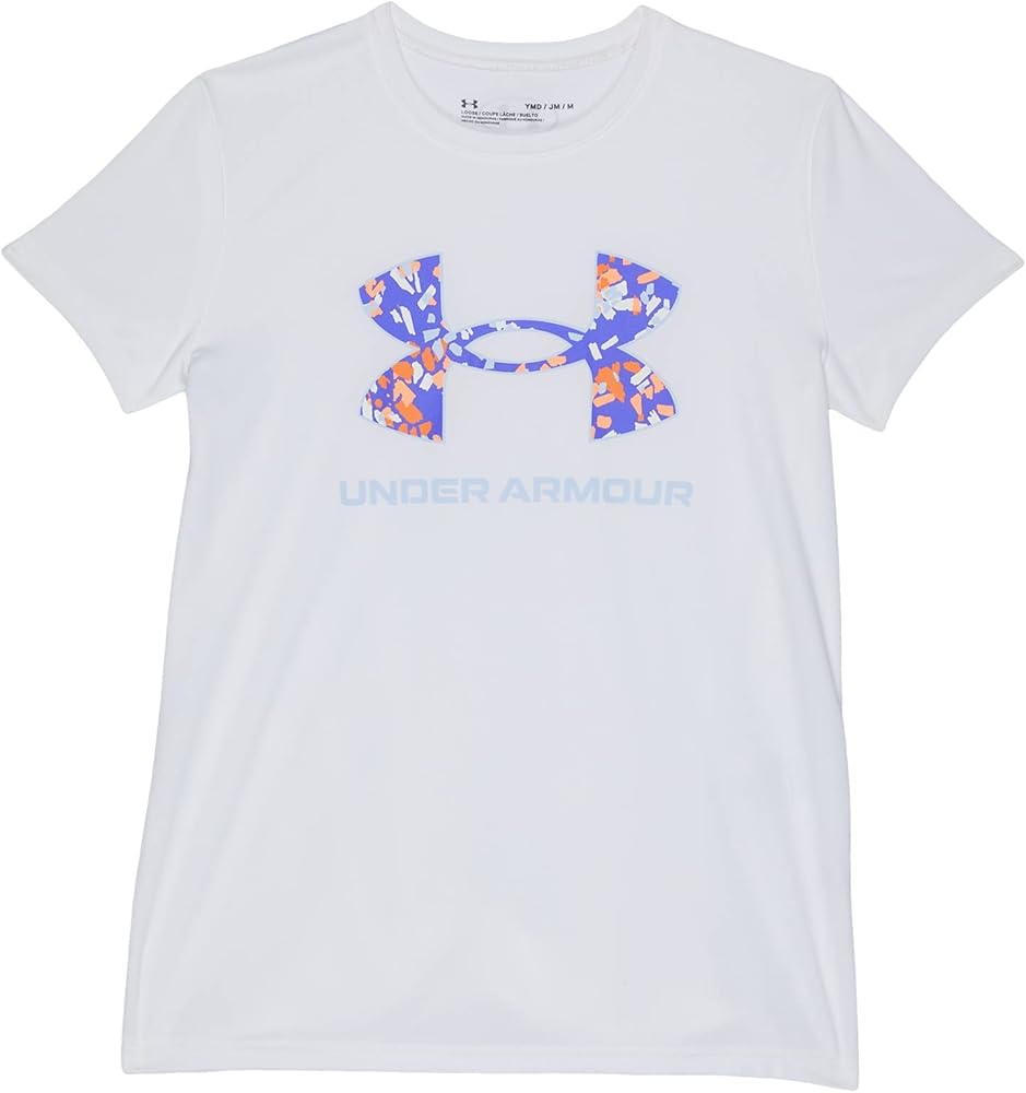 Under Armour Girl's Tech Solid Print Big Logo Short Sleeve Crew Neck (Big Kids) White/Oxford Blue SM (8 Big Kid)