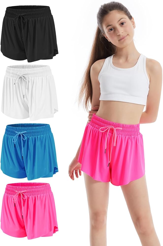 3-4 Packs Girls Flowy Butterfly Shorts Athletic 2 in 1 Running Active Skirt Shorts, Workout Shorts for Kids Teens