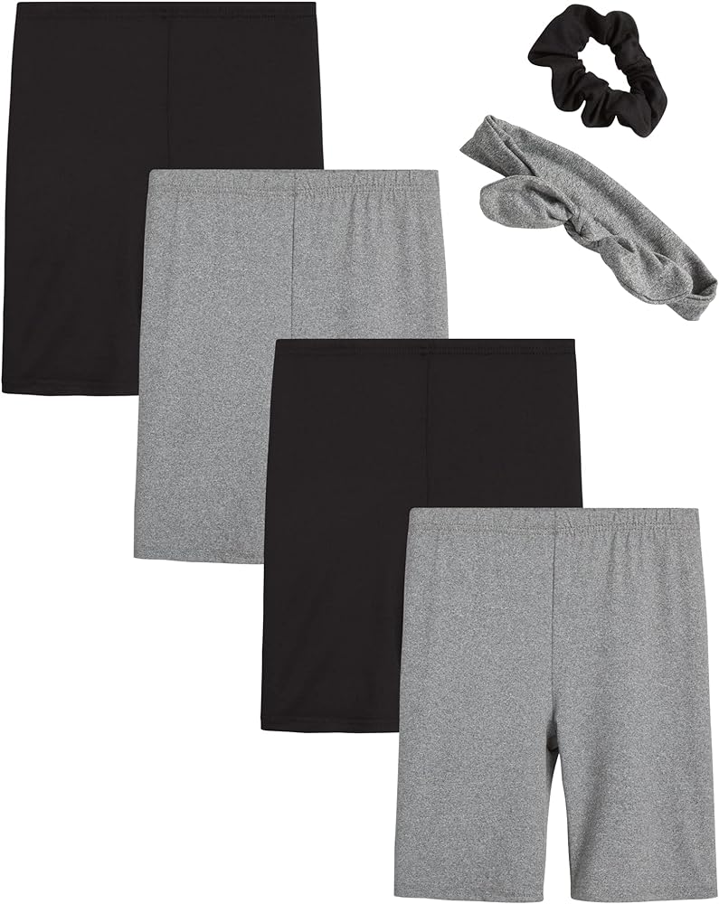 dELiA*s Girls' Active Bike Shorts - 4 Pack Performance Shorts with Hair Accessory - Multipack Gym Shorts for Girls (7-16)