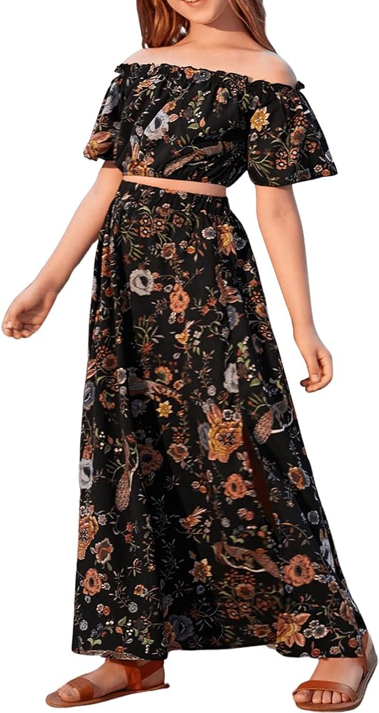 SOLY HUX Girl's Floral Print Off Shoulder Short Sleeve Crop Tops and Split A Line Maxi Skirt 2 Piece Outfit