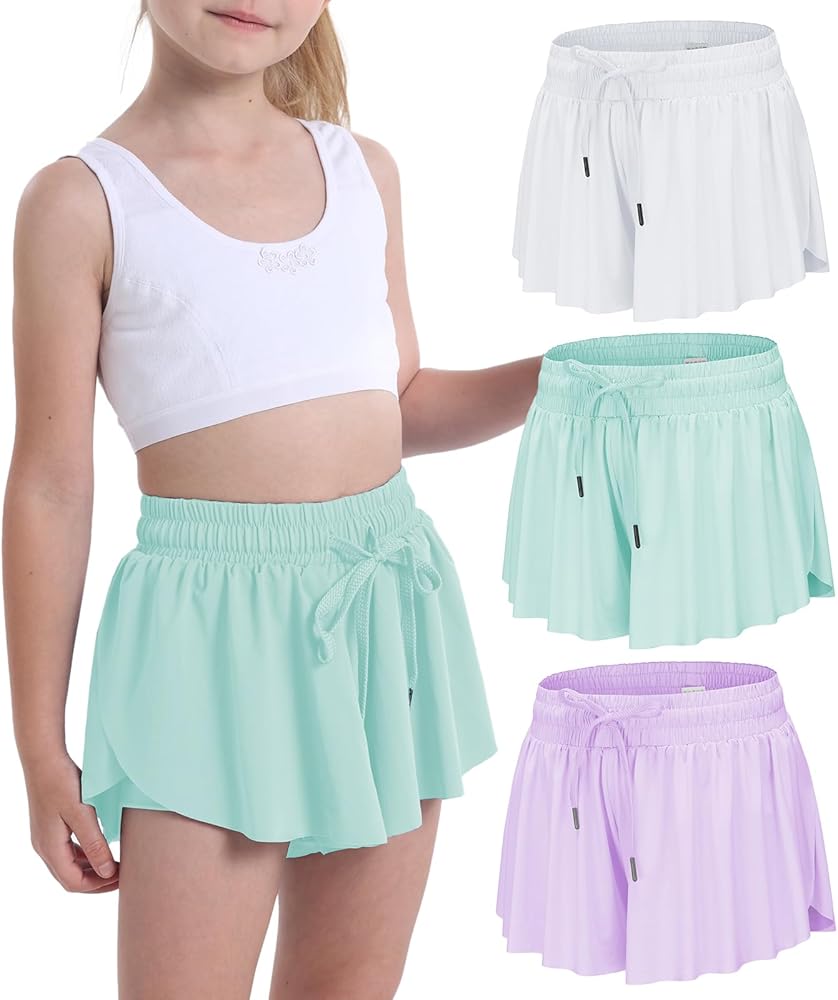 Flowy Shorts for Teen Girls Athletic Gym Running Biker Shorts Preppy Youth Butterfly Shorts（White/Mint/Lightpurple-XS）