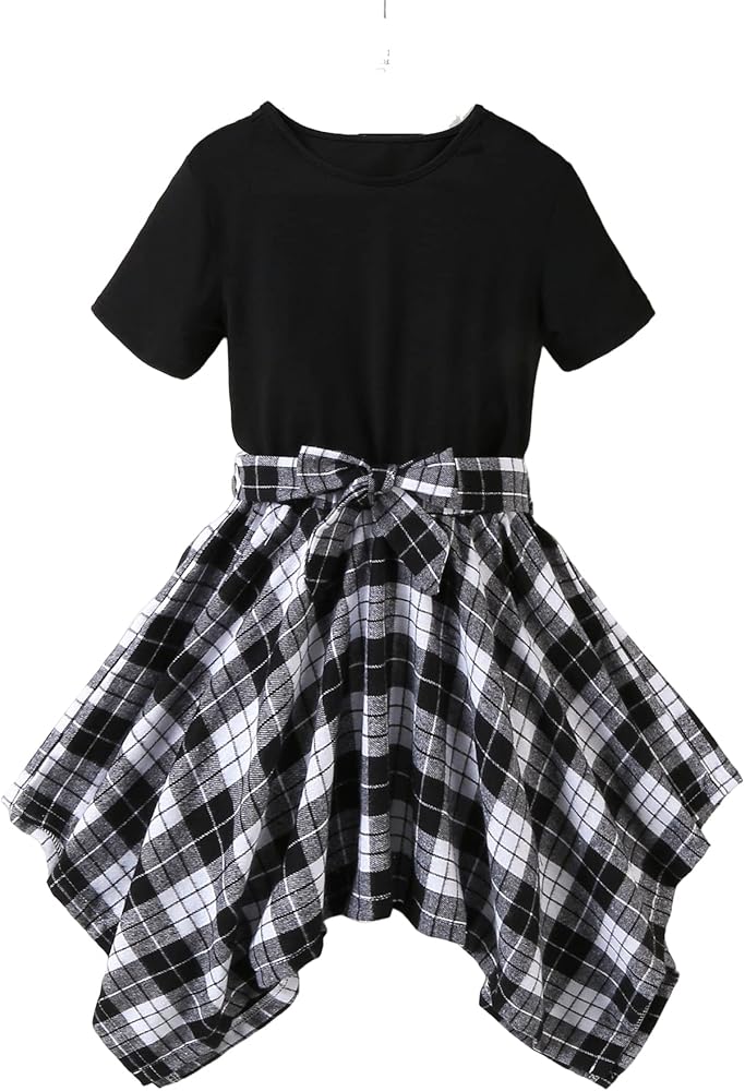 SOLY HUX Girl's Two Piece Outfit Short Sleeve Crew Neck T Shirt with Plaid Print Belted A Line Mini Skirt Black and White 150