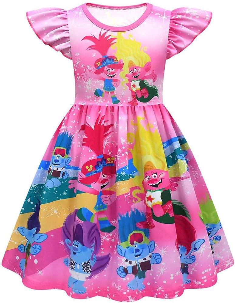 Girls Flutter Sleeve Princess Dress Crew Neck Graphic Playwear Dress Cartoon Print Casual Dress 2-9 Years