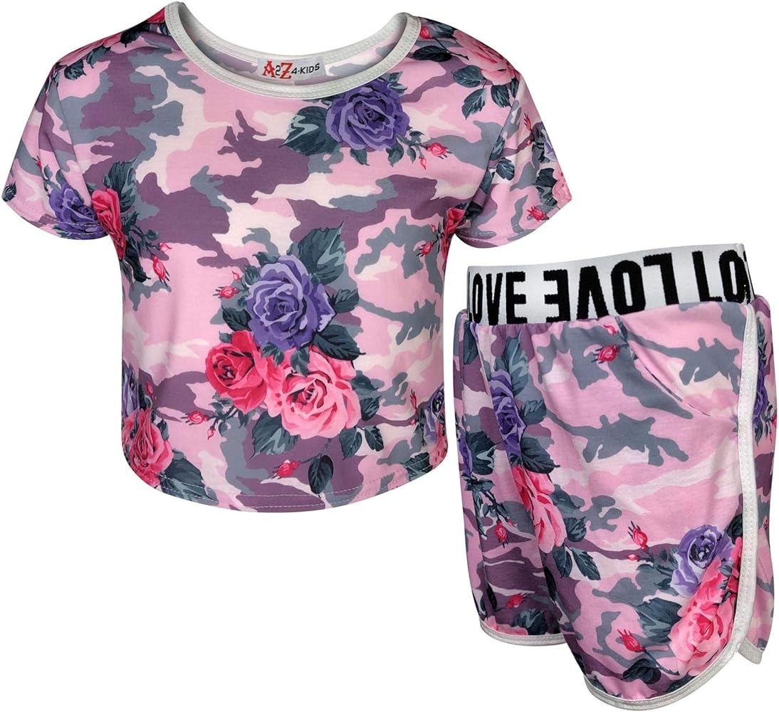 Kids Girls Crop & Short Camouflage Baby Pink Floral Print Summer Outfit Set 7-13