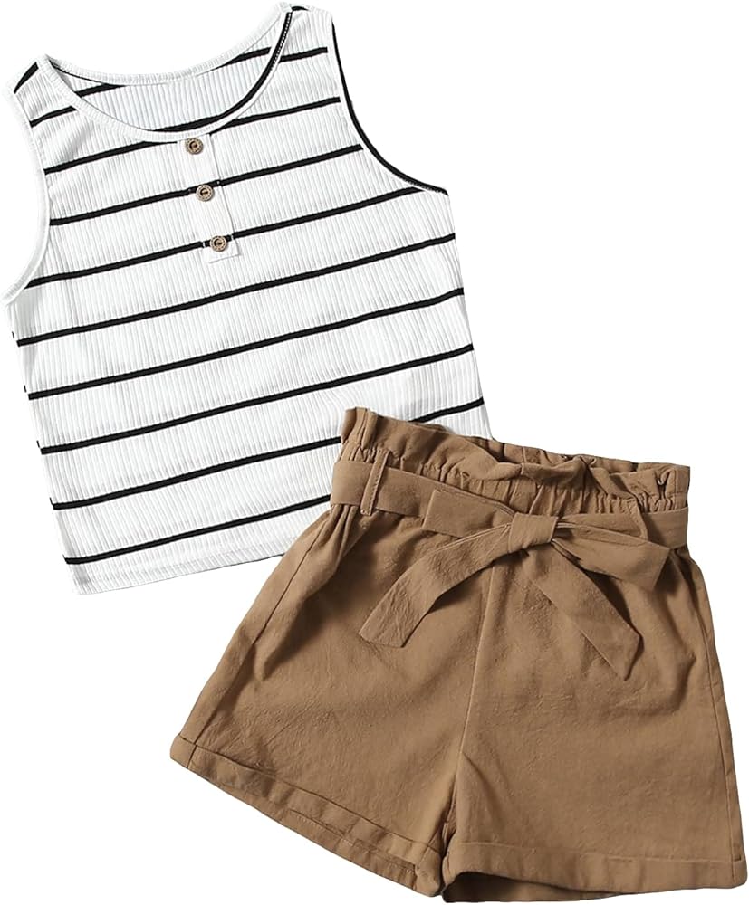 OYOANGLE Girl's 2 Piece Outfits Rib Knit Striped Sleeveless Round Neck Tank Top and Paperbag Waist Belted Shorts Set