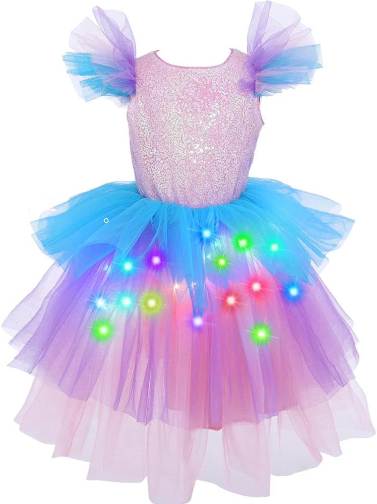 EVILD Girls Light Up Rainbow Tutu Dress Sparkly Sleeveless Sequin Tulle Dresses Party Princess Dress