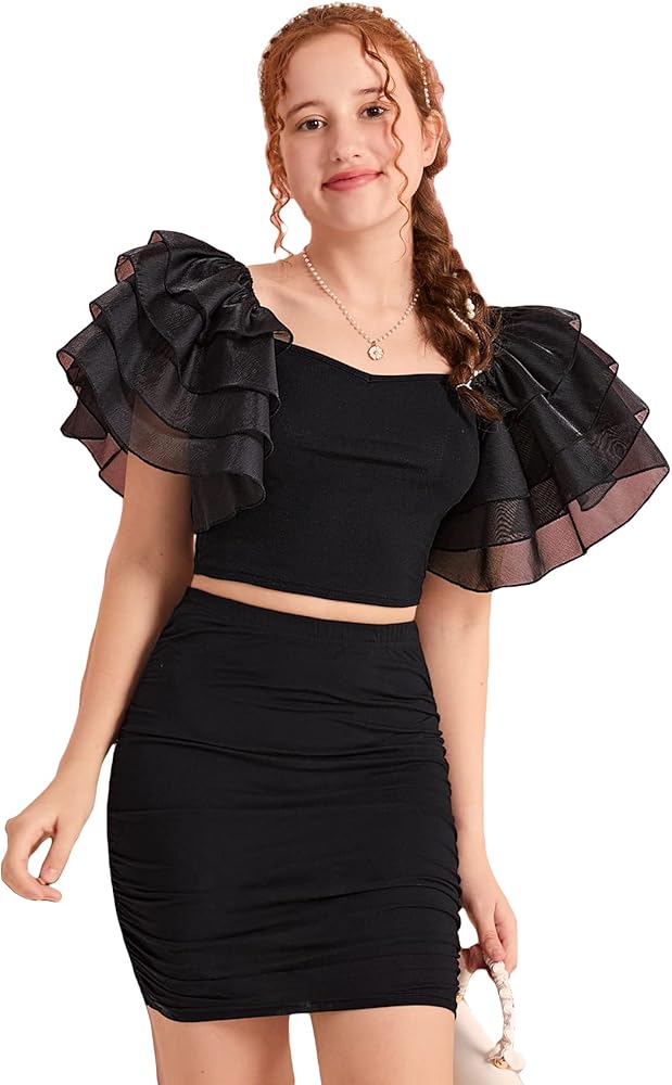 WDIRARA Girl's 2 Piece Outfits Ruffle Trim Short Tiered Layer Sleeve Crop Top and Ruched Bodycon Skirt Set