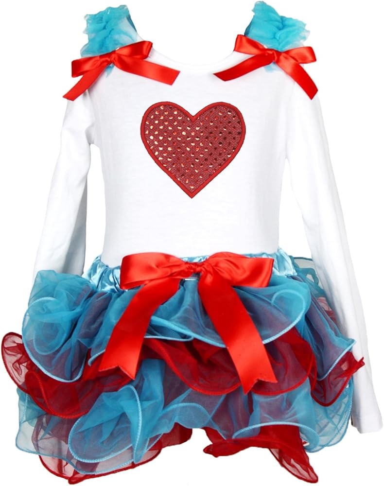 Valentine Dress Bling Heart L/s White Shirt Blue Red Petal Skirt Set 1-8y