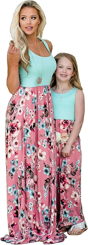 YMING Mommy and Daughter Matching Dresses Parent Child Sleeveless Outfits Floral Printed Dress