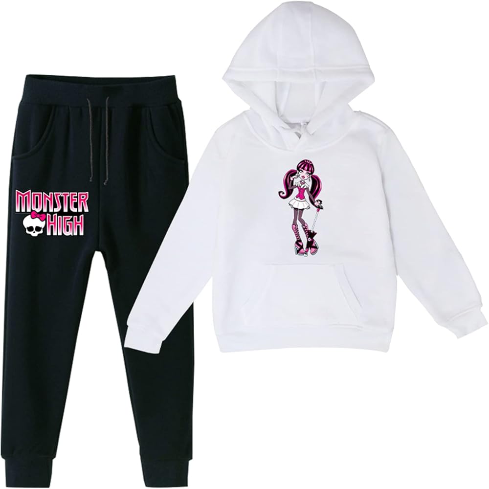 Girls Graphic Hoodie Outfit Kids Long Sleeve Tops Suit-Monster High Fleece Hoodie+Sweatpants Set(2-14Y)