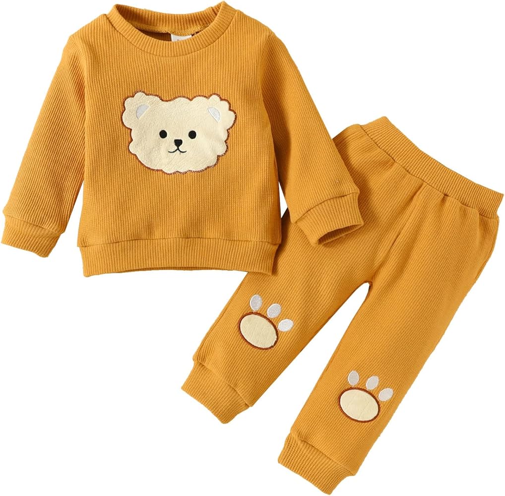 Girls Sweatsuits Set Toddler Boys Girls Long Sleeve Cartoon Bear Embroidered T Shirt Tops Pullover Pants Outfits