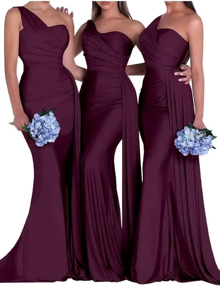 One Shoulder Bridesmaid Dresses Mermaid Satin Prom Dresses Bodycon Long Formal Evening Gowns with Train