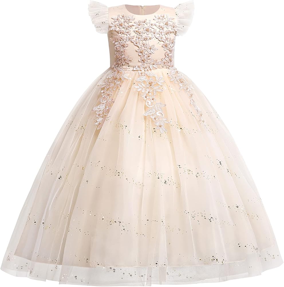 IWEMEK Sequins Flower Girl Embroidery Dress Fly Sleeve Beaded Princess Pageant Gown Bridesmaid Birthday Party Tulle Dresses