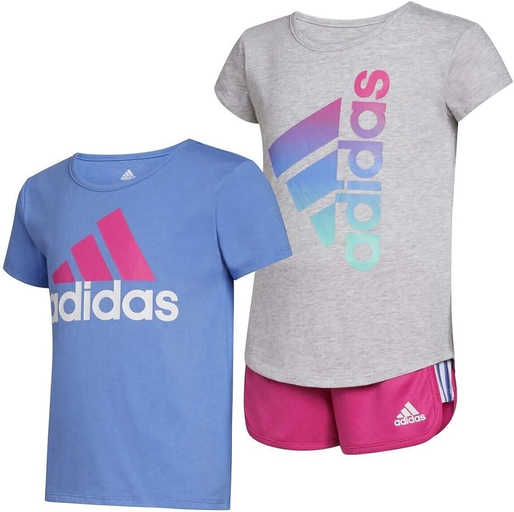 adidas Little Girl's 3 Piece Outfit Set, 2 Tees, 1 Short (Grey/Blue, 5)