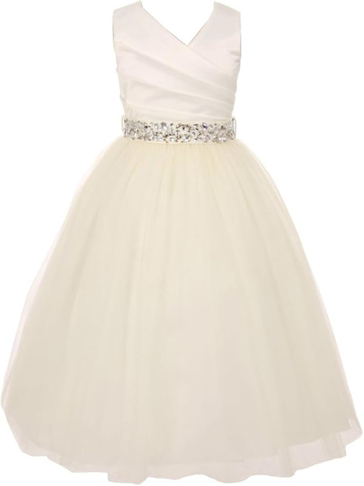 Flower Girl Dress V-Neck Satin Top Tulle Skirt Rhinestone Belt