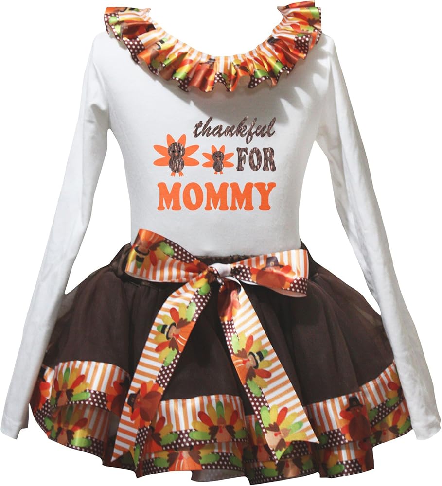 Petitebella Thankful for Mommy White L/s Shirt Brown Turkey Petal Skirt Nb-8y