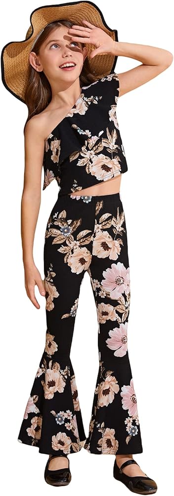 WDIRARA Girl's 2 Piece Floral One Shoulder Crop Ruffle Top and Flare Pants Boho Outfits Set