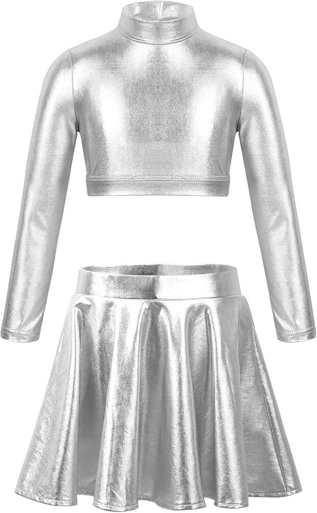 Kids Girls 2PCS Metallic Mock Neck Long Sleeves Glossy Top with Pleated Skort Skirt Set Dance Workout