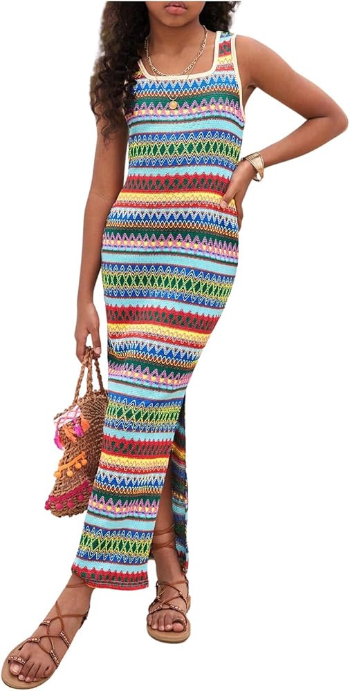 SHENHE Girl's Summer Boho Dress Square Neck Split Thigh Striped Sleeveless Long Tank Dress