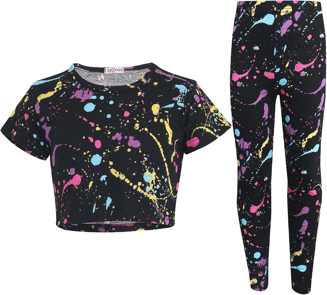 Kids Girls Crop Top & Legging Set Splash Print Two Piece Belly Shirt & Tights