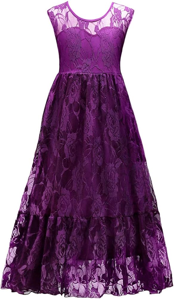 Girls Vintage Floral Lace Long Pageant Dresses Party Bridesmaid Wedding Princess Communion Flower Girl Dress Maxi Gown