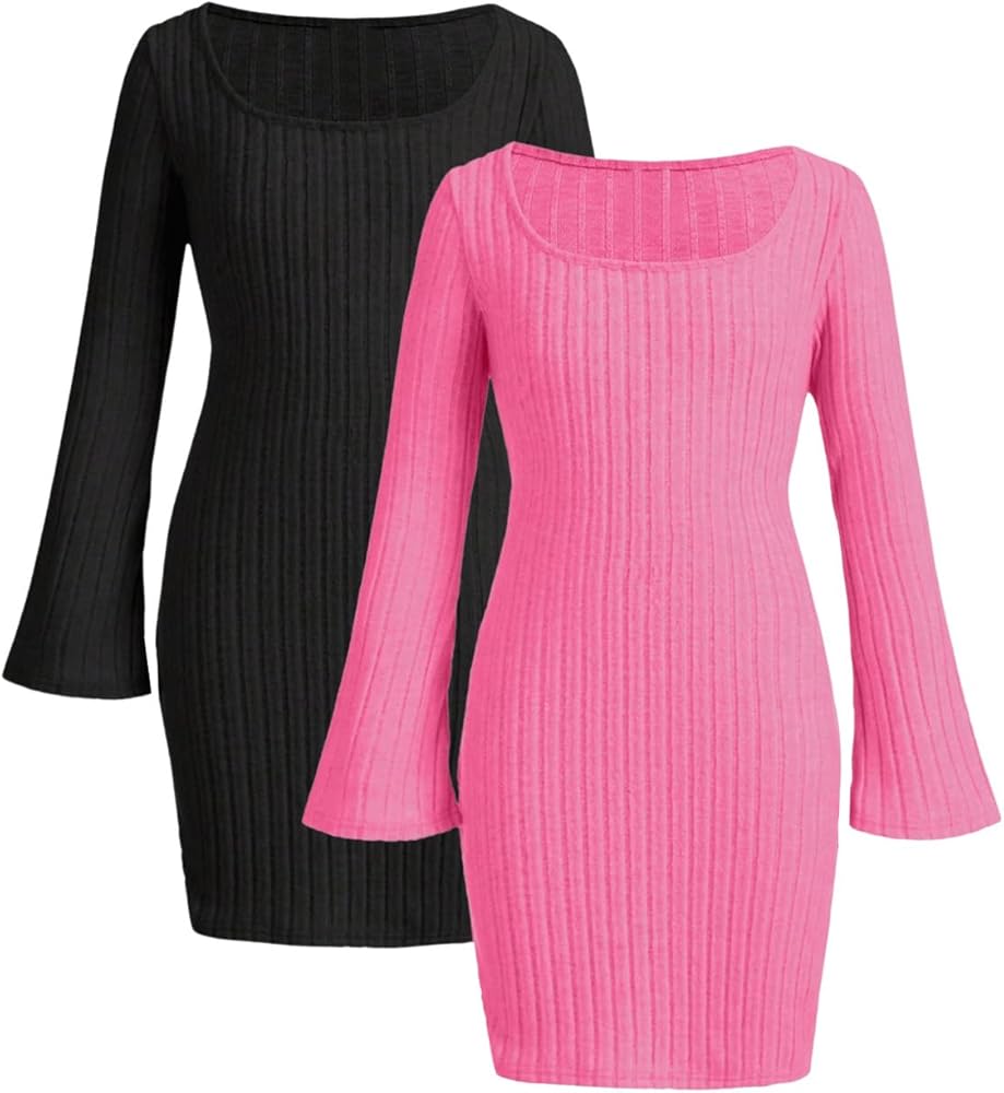 SOLY HUX Girl's Long Sleeve Scoop Neck Dress 2 Packs Ribbed Knit Bodycon Short Dresses