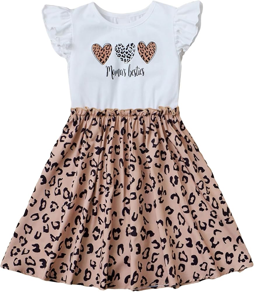 Floerns Girl's Leopard Print Ruffle Trim Cap Sleeve A Line Short Dress