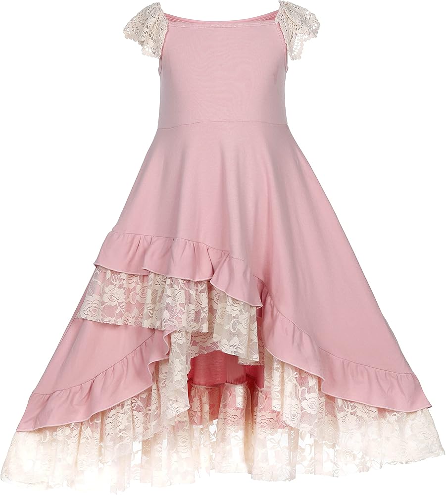 Girls Elegant Ruffle Flowy Boho Maxi Dress Lace Fly Sleeve Aling Swing Twirly Poster Party Dress