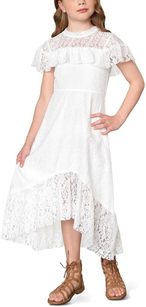 BesserBay Lace Floral Girls Dress Cap Sleeve Vintage Crochet Party Communion Maxi Dress 4-12 Years