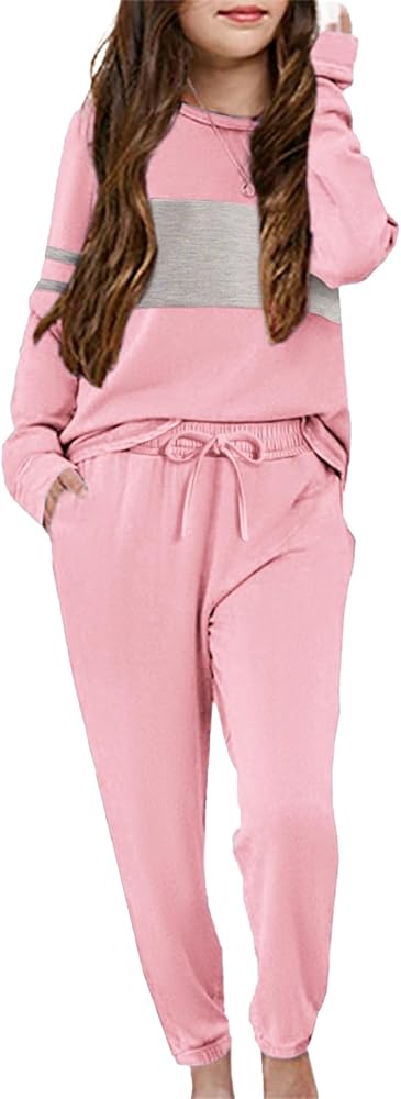 Arshiner Girls' Clothing Sets Sweatsuits Long Sleeve Color Block Pullover Sweatshirts and Lounge Pants with Pocket