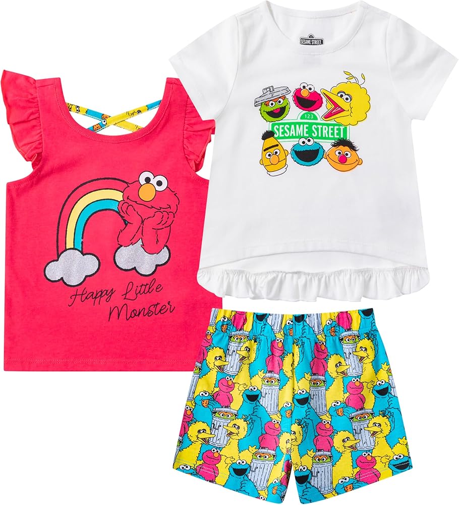 Sesame Street Elmo or Cookie Monster Girls’ T-shirt, Tank Top and Short Set for Infant and Toddler