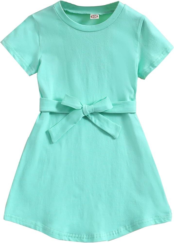 AMMENGBEI Girls Short Sleeve Cotton Dress Solid Color Shirt Dress with Belt Kid Dresses