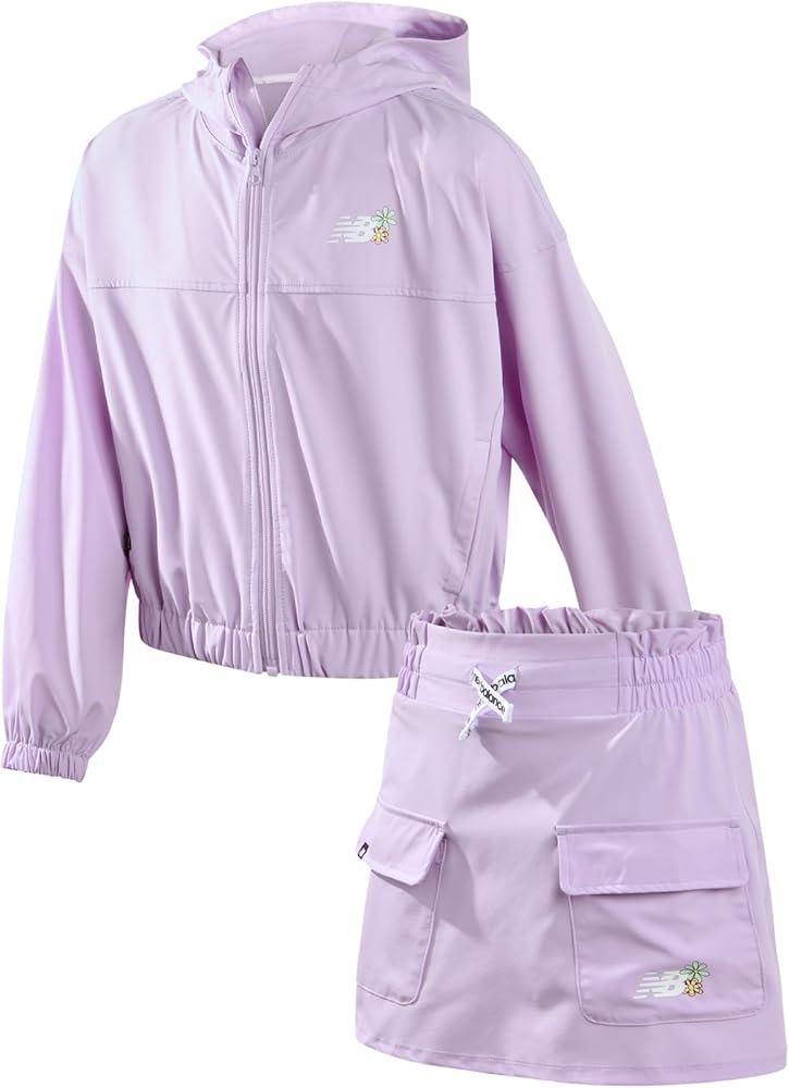 New Balance Girls Skirt Set - 2 Piece Windbreaker Jacket and Woven Skort - Cute Spring Outfit Set for Girls (7-12)