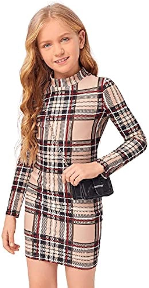 SOLY HUX Girl's Plaid Mock Neck Long Sleeve Bodycon Short Dress