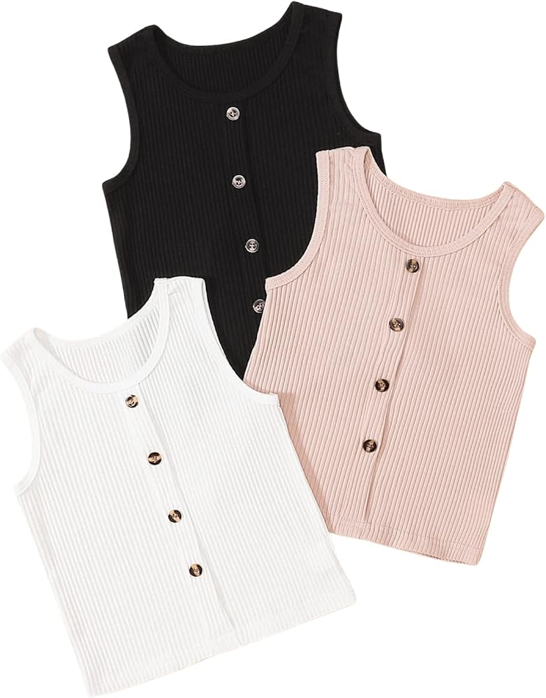 SweatyRocks Girl's Basic Sleeveless Round Neck Ribbed Knit Tank Top 3 Piece Button Front Tops Set