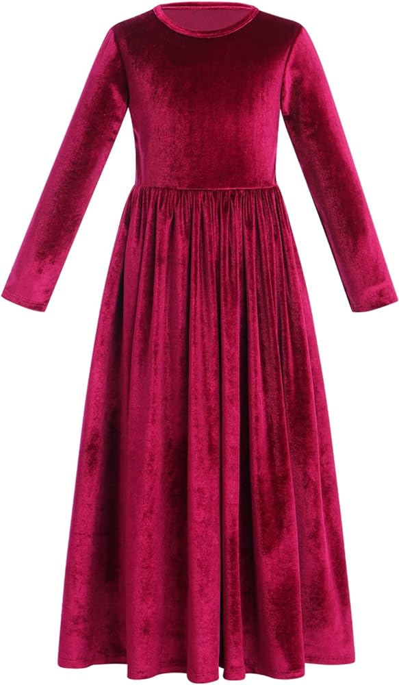 IWEMEK Girls Vintage Velvet Dress with Pockets Long Sleeve Casual Dress Bridesmaid Performance Christmas Pageant Maxi Gown