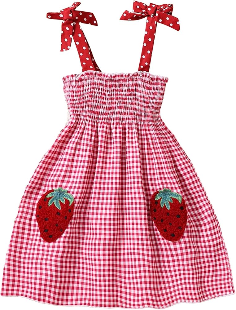 SOLY HUX Toddler Girl's Plaid Tie Shoulder Cami Dress Shirred Strawberry Patched A Line Dresses