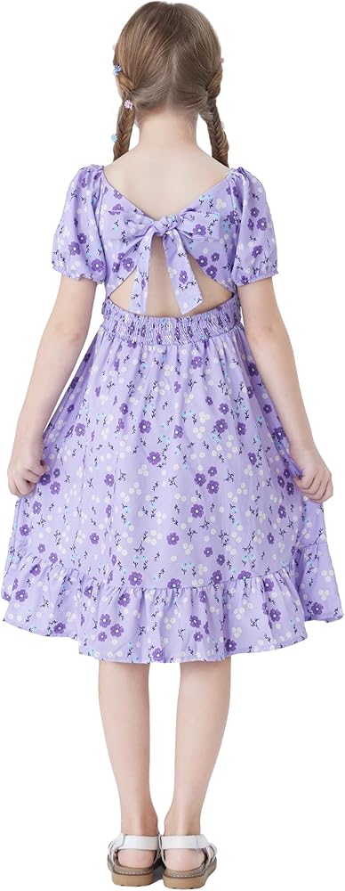 PATPAT Girls Dresses Short Sleeve Tie Back Off Shoulder A-Line Swing Casual Elegant Midi Dress 3-12 Years