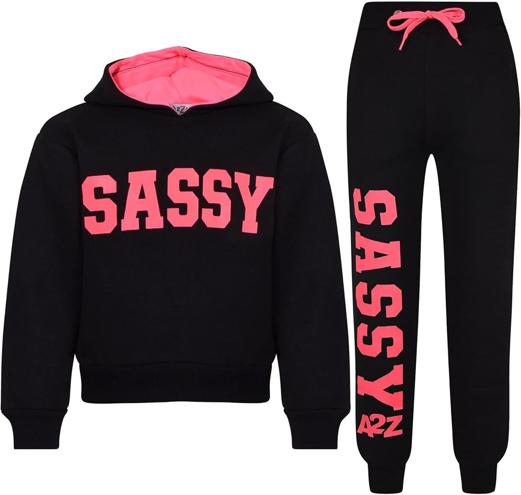 Girls Tracksuit Sassy Print Fleece Black & Neon Pink Hooded Crop Top Bottom Jogging Suit Joggers 5-13 Years