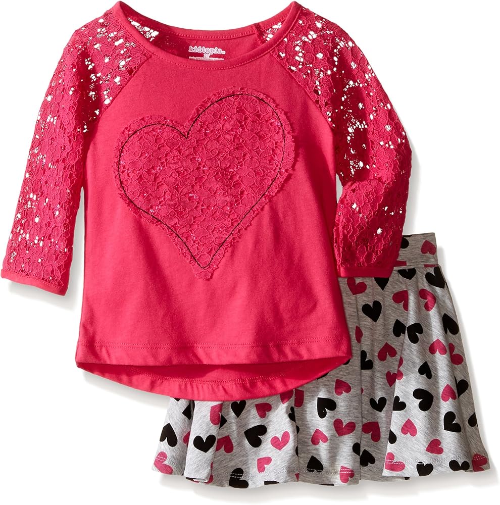 Girls' 2pc Set-Lace Raglan Sleeve Heart Applique with Printed Skirt