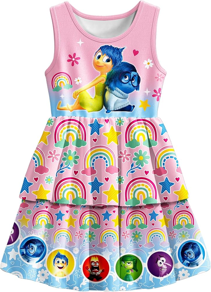 Lovely Little Girls Cartoon Graphic Flutter Sleeve Dress Soft Fabric Casual Dresses 4-10 Years