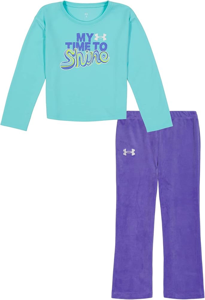 Under Armour Girls Long Sleeve Shirt And Legging Set, Durable Stretch Lightweight Clothing Set, Turquoise Velvet - Flare Leg, 6X US