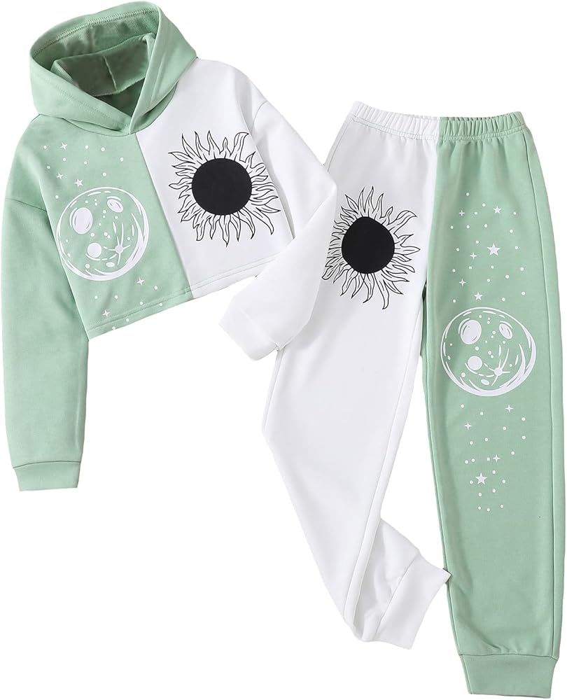 WDIRARA Girl's 2 Piece Outfit Sun Moon Print Two Tone Long Sleeve Hoodie and Sweatpants Set